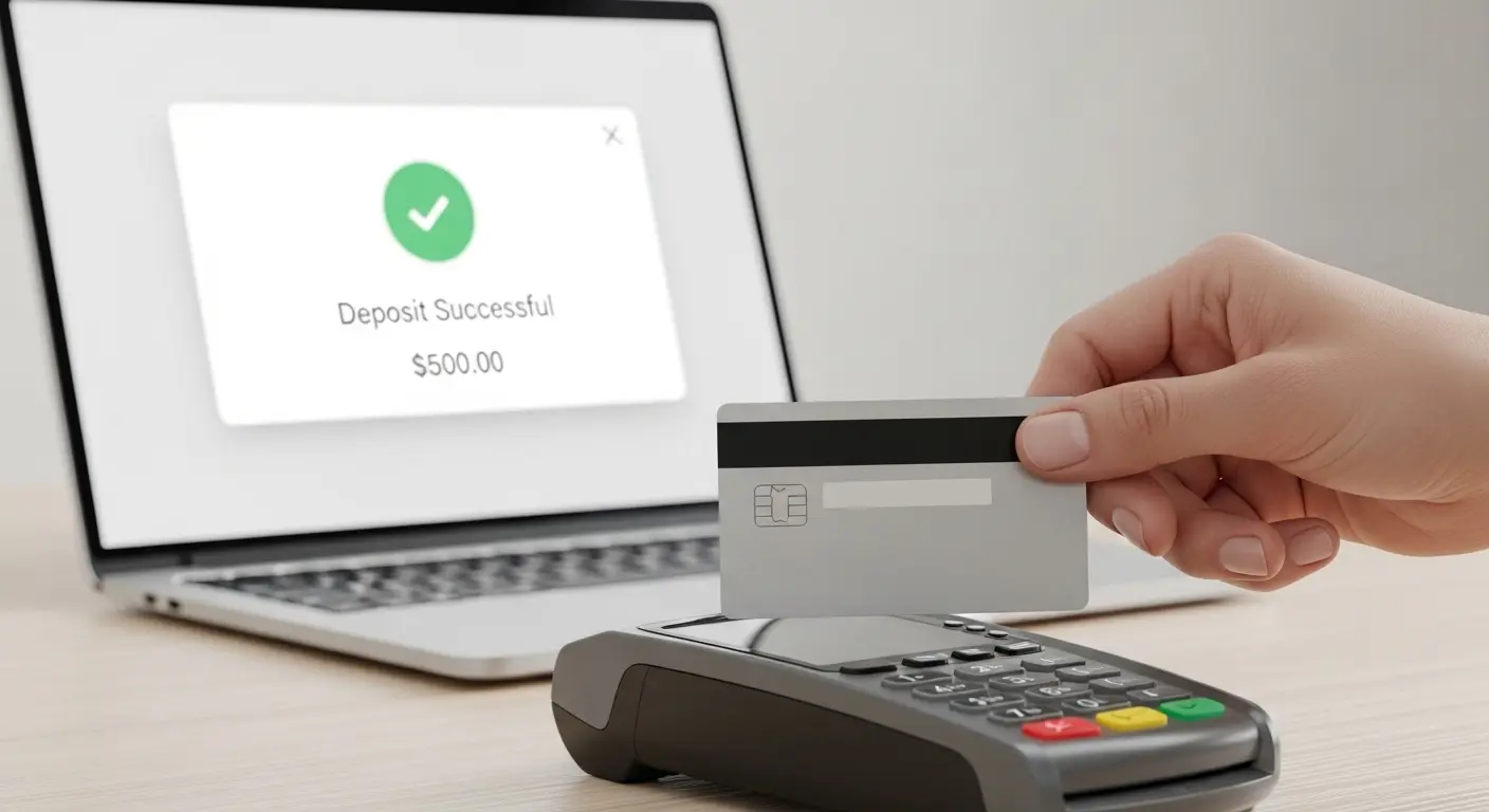 신용카드로 결제하는 손, 노트북 화면에 입금 알림이 뜨는 장면