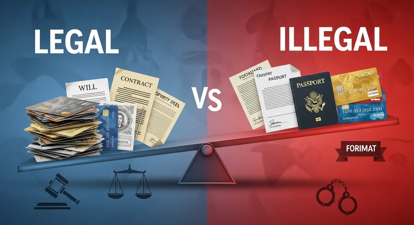 합법 vs 불법 저울 그래픽, 신용카드와 법률문서 대비 이미지