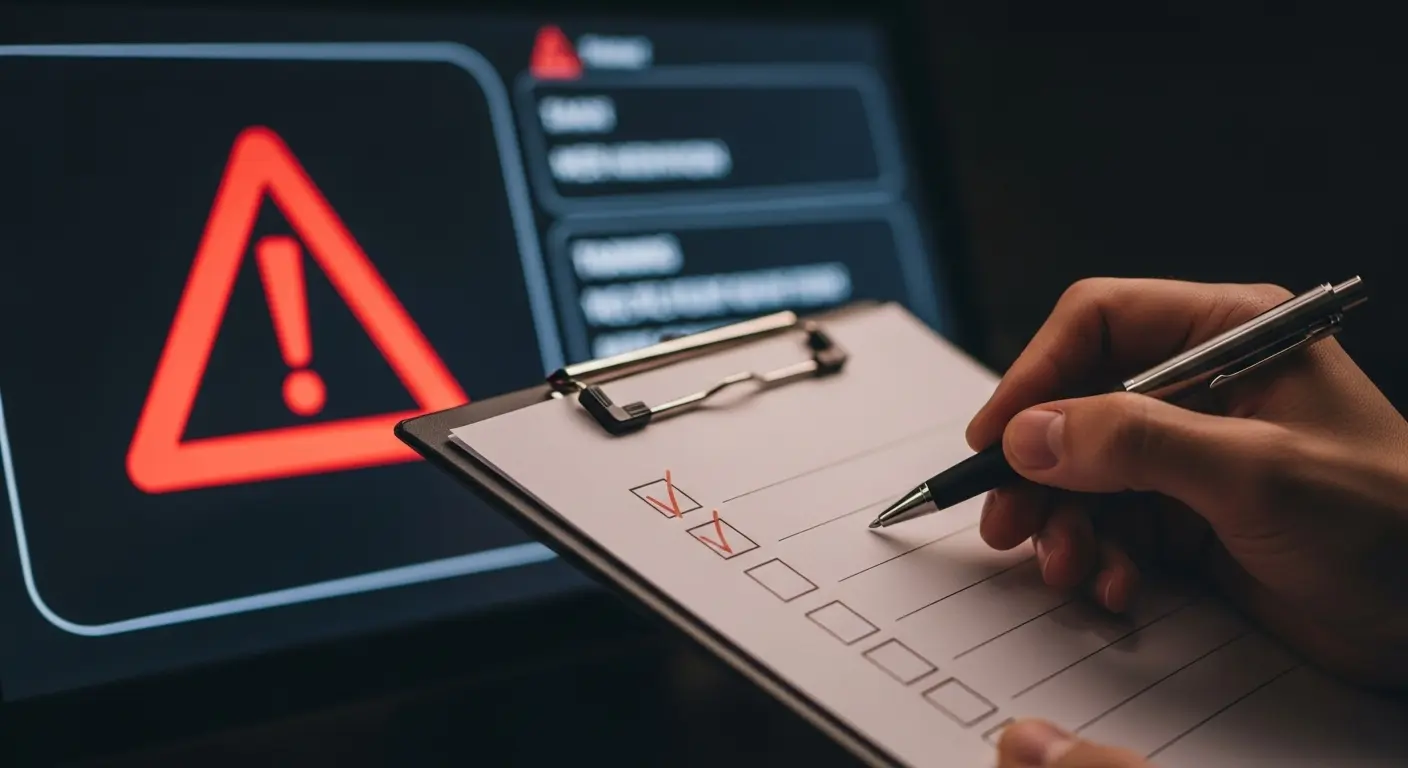 체크리스트를 들고 점검하는 손, 붉은 경고 아이콘이 표시된 화면