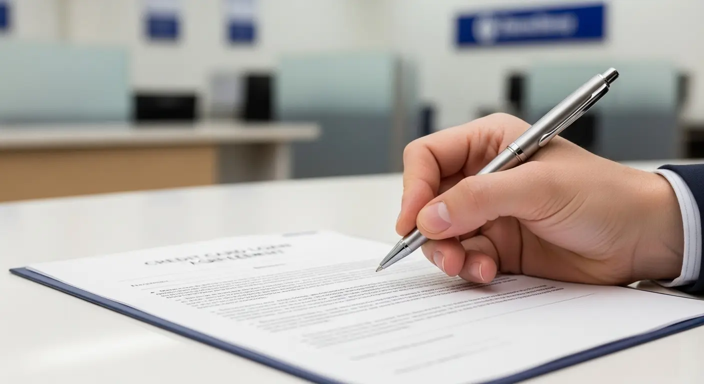 공식 금융기관 창구에서 상담받는 모습, 카드론 계약서에 서명하는 손