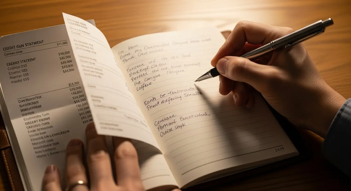 다이어리에 카드결제 내역을 기록하는 손과 카드명세서가 놓인 장면