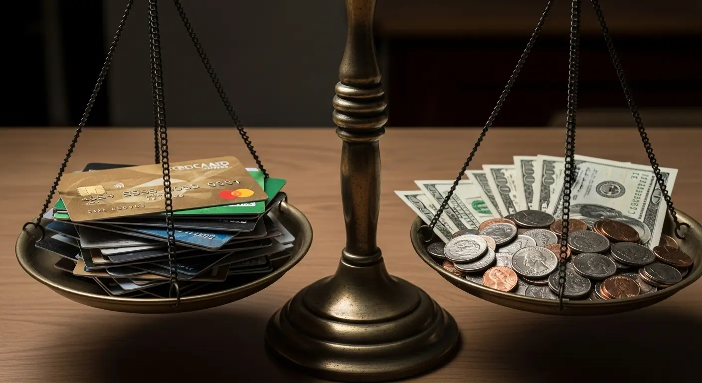 법의 저울 위에 신용카드와 현금이 올려진 장면