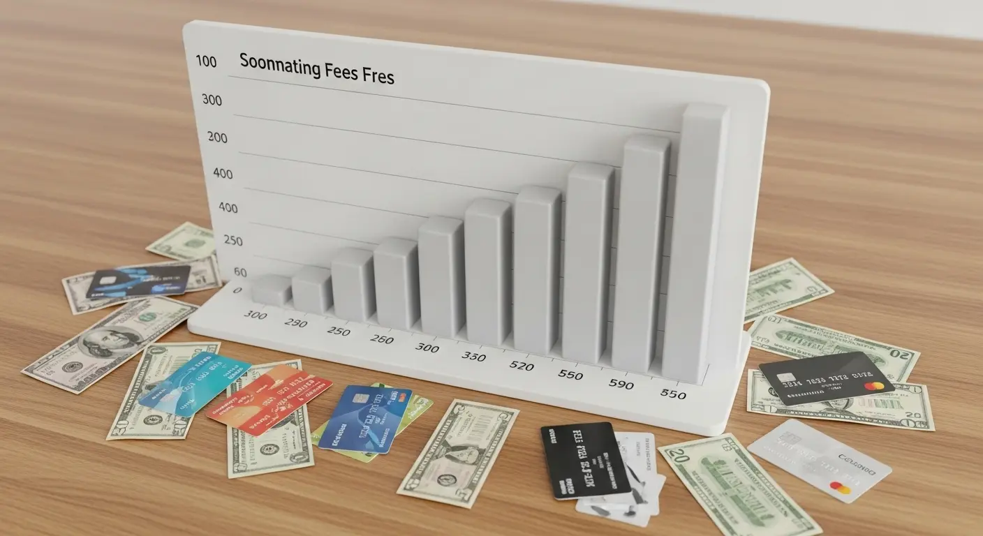 수수료 그래프와 현금, 신용카드가 함께 놓인 책상