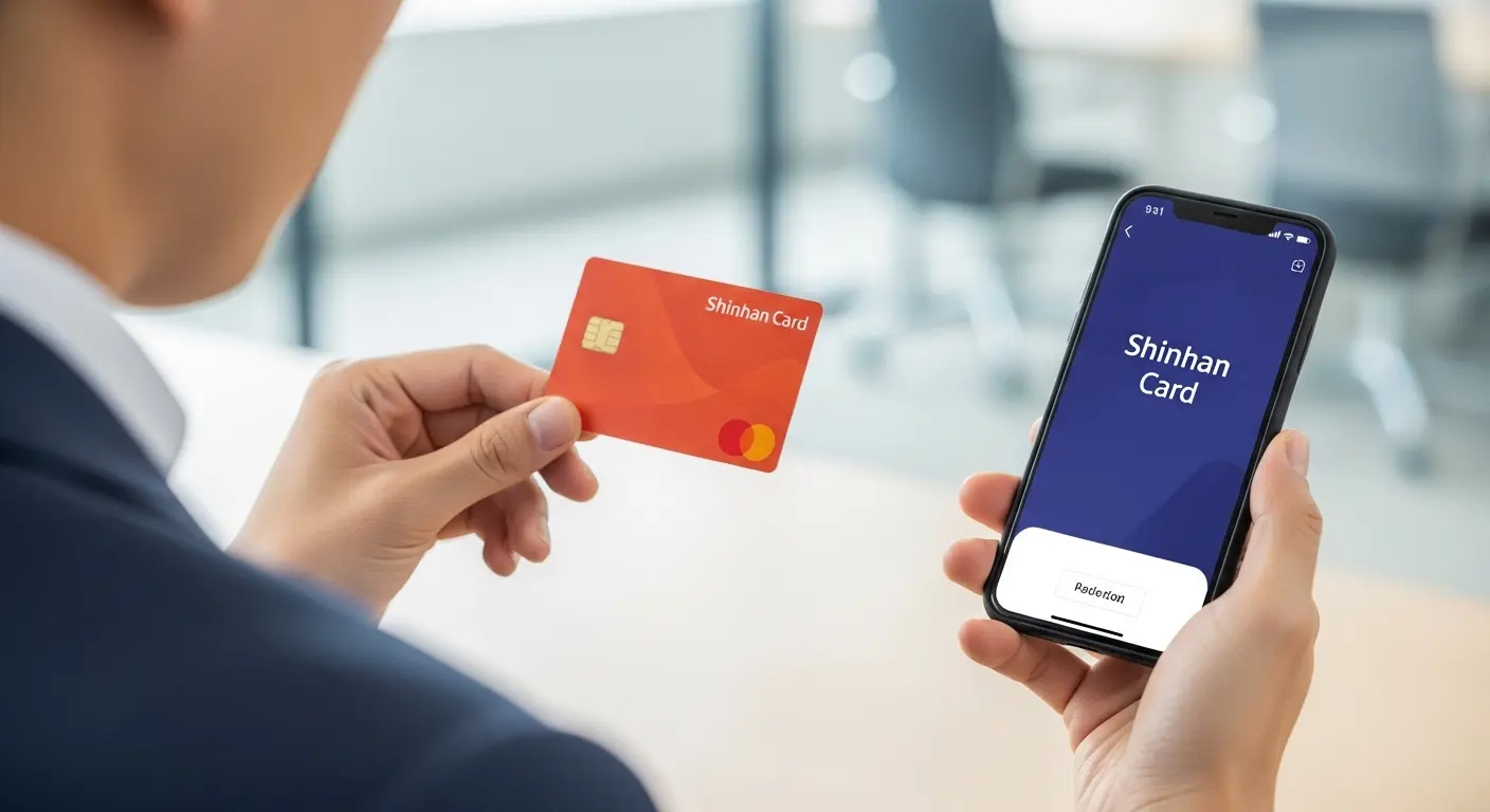 신한카드와 스마트폰 결제 화면을 들여다보는 사람, 사무실 배경