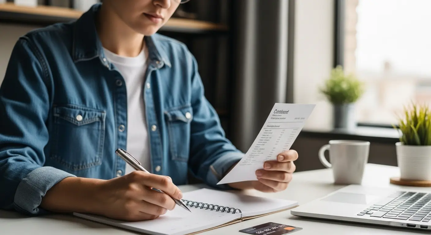 사무실 책상 위에서 카드명세서를 확인하며 노트하는 사람