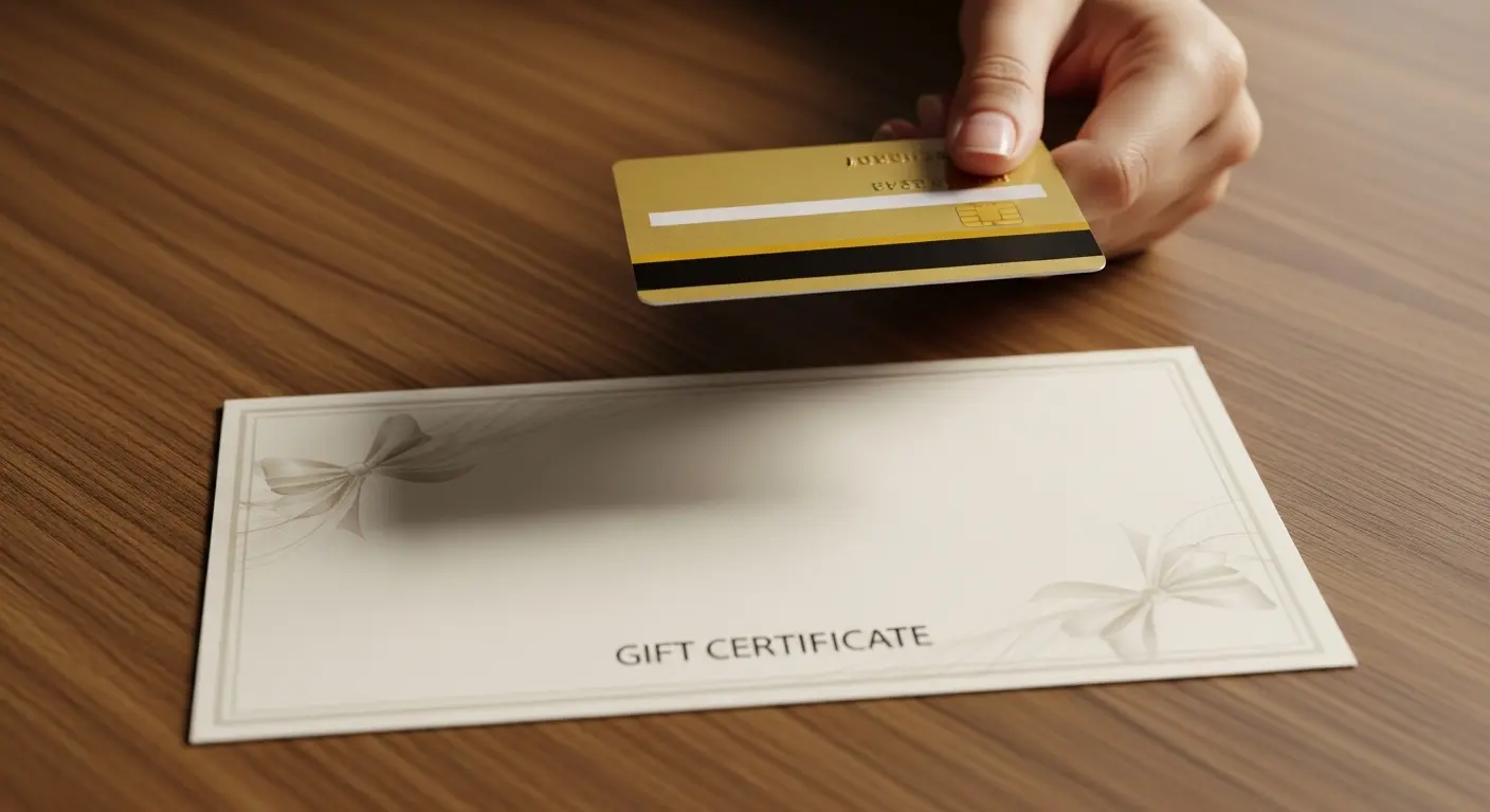 신용카드를 들고 있는 사람과 상품권이 테이블 위에 놓여 있는 장면