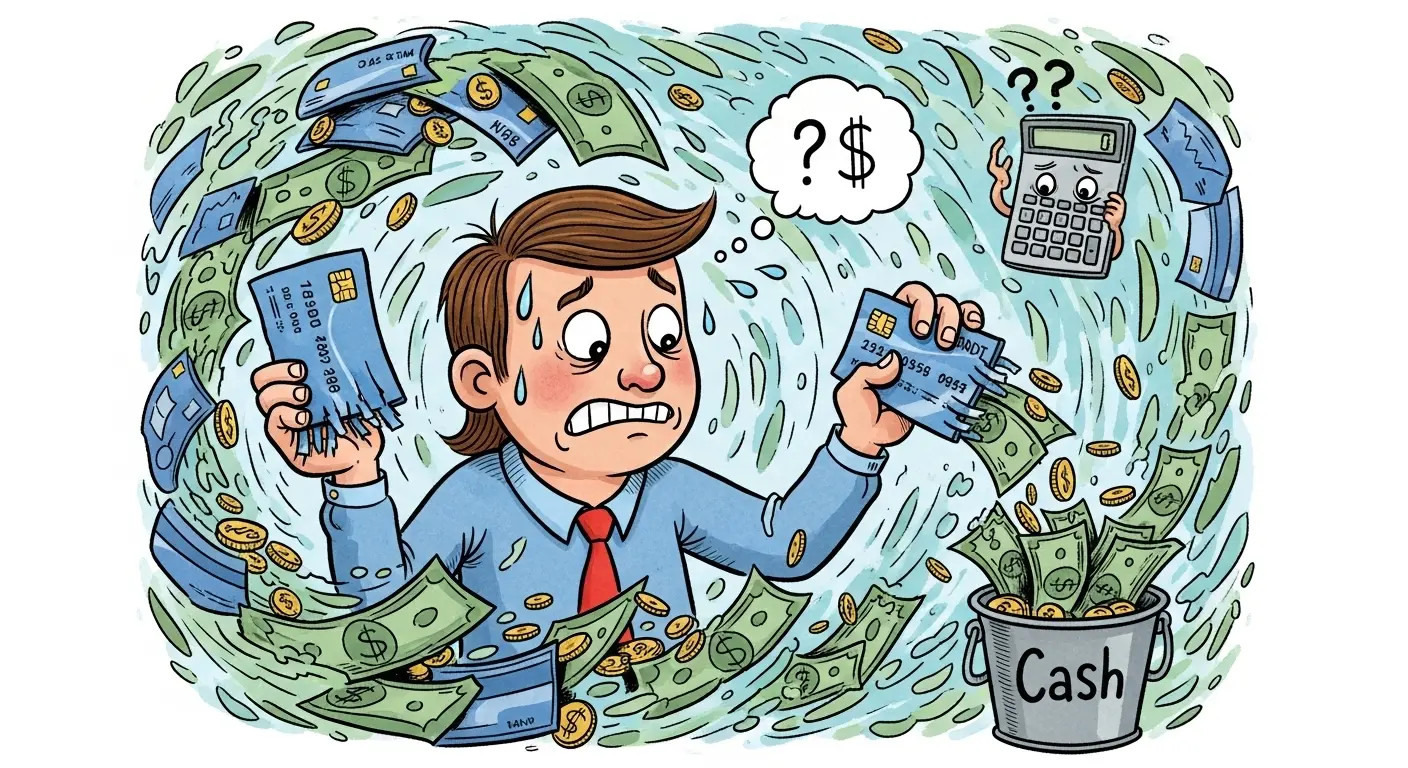 신용카드현금화 개념을 고민하고 이해하는 사용자 모습의 설명형 일러스트