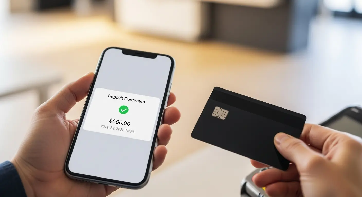 신용카드 현금화 첫 시도 후 5분 만에 입금 알림을 확인하는 사람의 모습, 카드 결제와 계좌 입금을 표현한 이미지