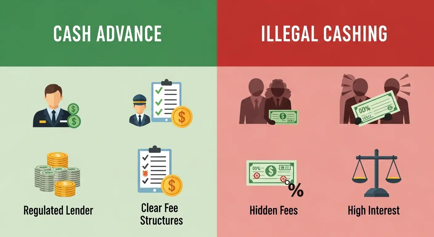 합법적인 카드 현금서비스와 불법 신용카드 현금화를 비교한 표 형태의 이미지