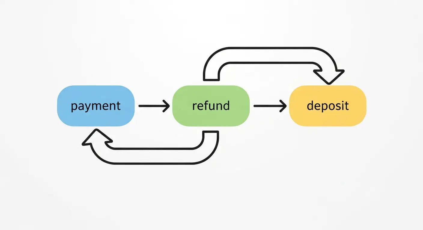 신용카드 결제 후 환불과 입금 흐름을 나타낸 금융 플로우 차트