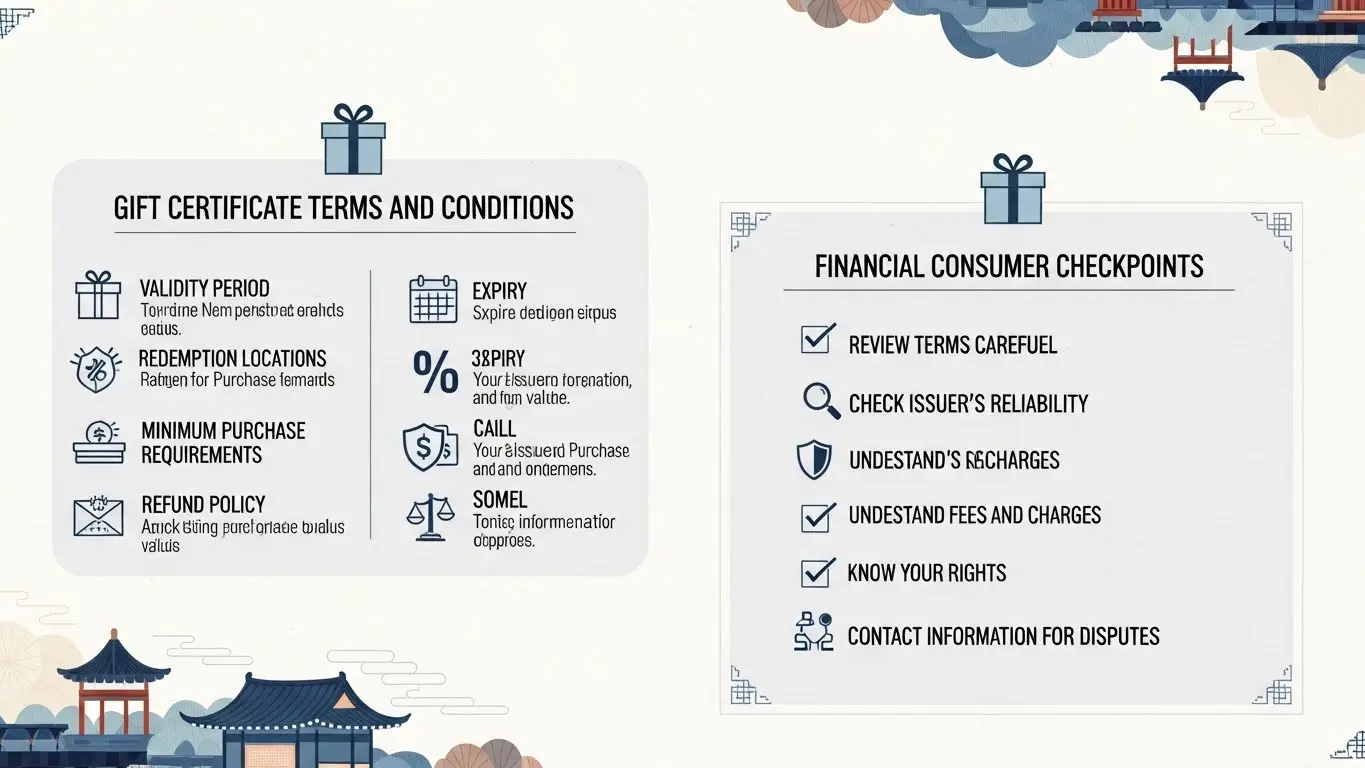 상품권 조건 확인 요소와 금융 체크리스트 시각 요소