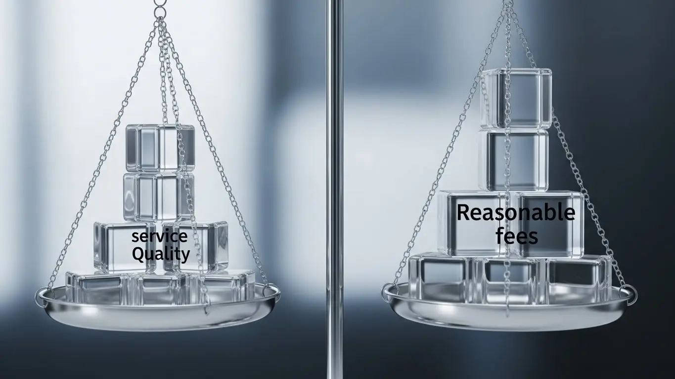 투명한 수수료 정책과 합리적인 업체 선정 기준을 상징하는 균형 잡힌 이미지