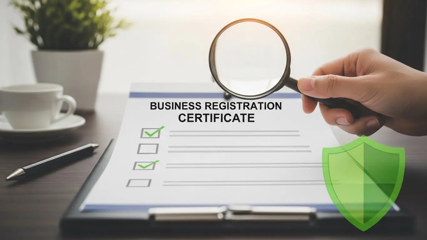 안전한 곳을 판별하기 위한 3단계 필수 검증 프로세스와 사업자 조회 일러스트